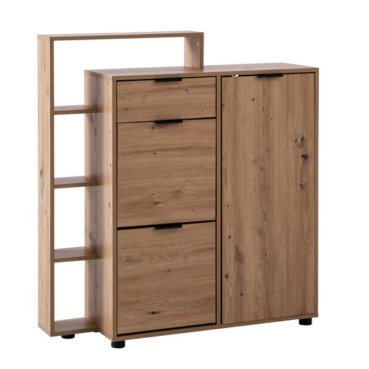 schoenenkast eiken decor 98x110x30 cm schoenenkantelaar gesloten, schoenenkast met lade modern, halkast met plank en opbergruimte, schoenenopslag hal ladekast voor schoenen hoog