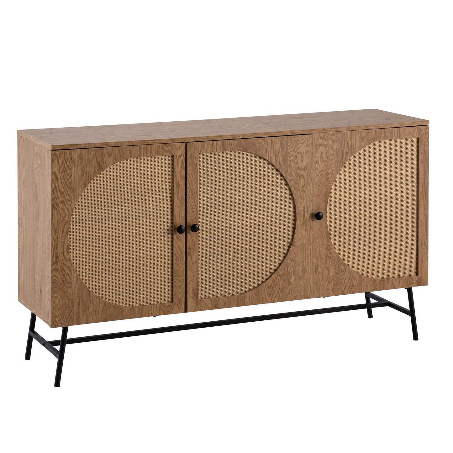 Dressoir 140x80x39 cm ladekast eiken decor met rotanweefsel moderne, hoge ladekast, staande kast met 3 deuren, dressoir woonkamer