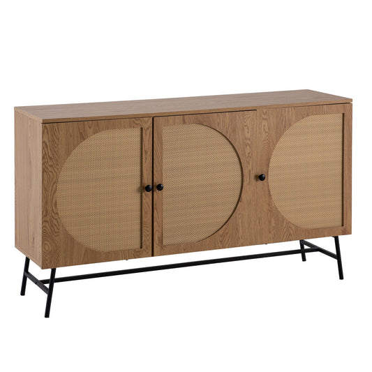 Dressoir 140x80x39 cm ladekast eiken decor met rotanweefsel moderne, hoge ladekast, staande kast met 3 deuren, dressoir woonkamer
