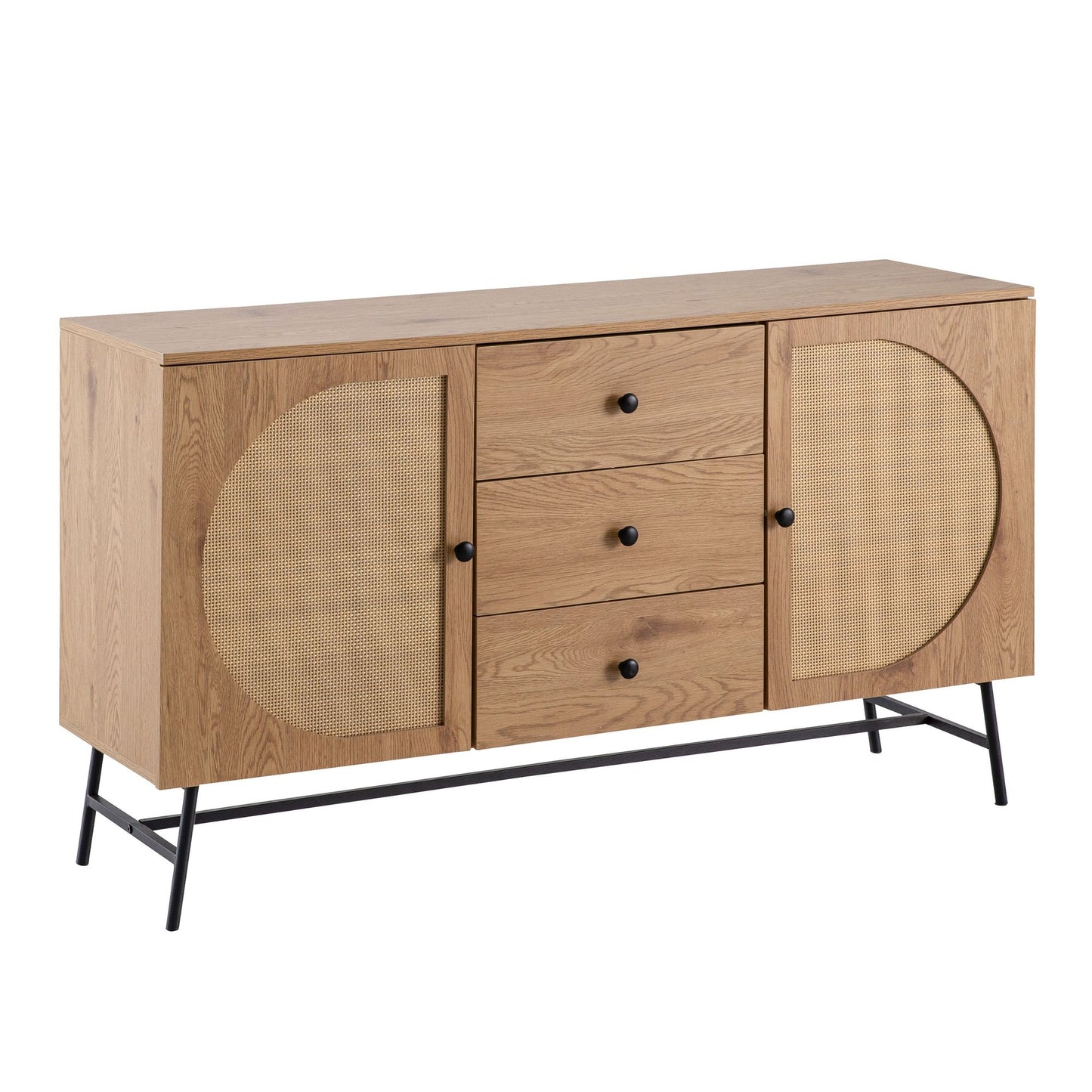 dressoir 140x80x40 cm ladekast eiken decor met rotanweefsel moderne, hoge ladekast, staande kast met 2 deuren en 3 laden, dressoir woonkamer