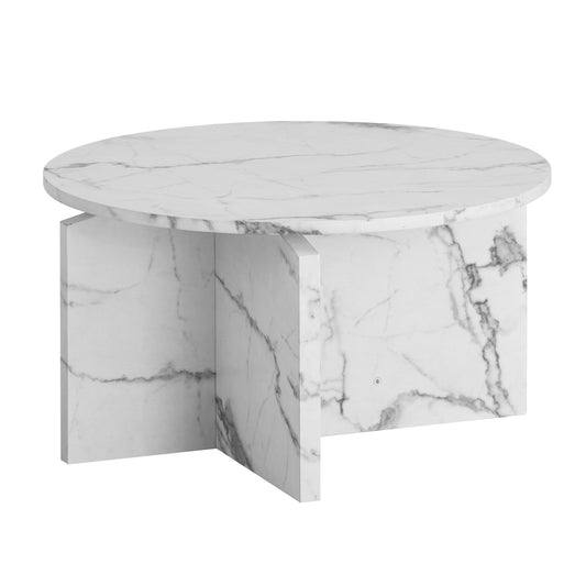 salontafel 60x60x33 cm witte banktafel in marmerlook modern, design woonkamertafel rond, loungebanktafel, salontafel bijzettafel klein