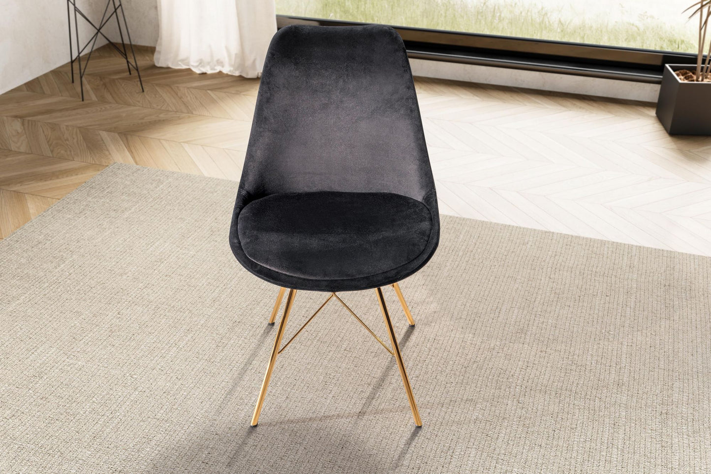 eetkamerstoel set van 2 fluwelen zwarte keukenstoel met gouden poten, schelpstoel Scandinavisch design, gestoffeerde stoel met stoffen bekleding, gestoffeerde stoel