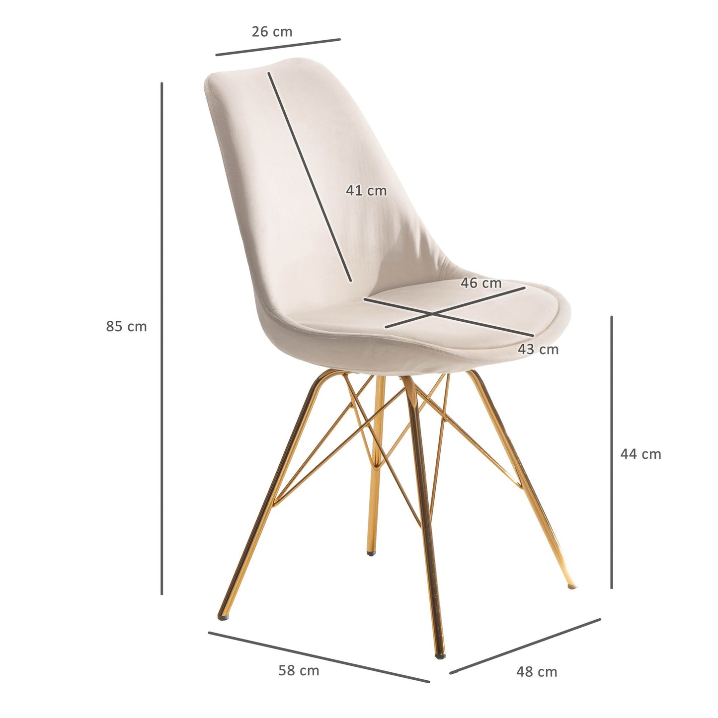 eetkamerstoel set van 2 fluwelen beige keukenstoel met gouden poten, schelpstoel Scandinavisch design, gestoffeerde stoel met stoffen bekleding, gestoffeerde stoel