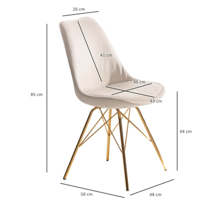 eetkamerstoel set van 2 fluwelen beige keukenstoel met gouden poten, schelpstoel Scandinavisch design, gestoffeerde stoel met stoffen bekleding, gestoffeerde stoel