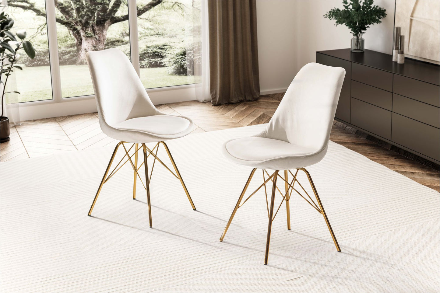eetkamerstoel set van 2 fluwelen beige keukenstoel met gouden poten, schelpstoel Scandinavisch design, gestoffeerde stoel met stoffen bekleding, gestoffeerde stoel