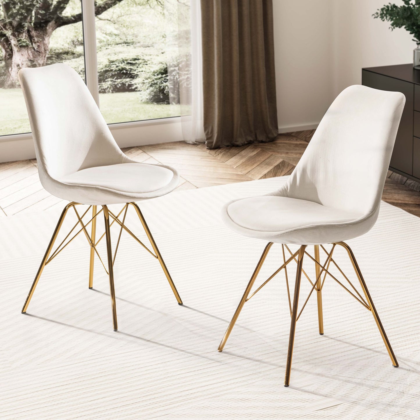 eetkamerstoel set van 2 fluwelen beige keukenstoel met gouden poten, schelpstoel Scandinavisch design, gestoffeerde stoel met stoffen bekleding, gestoffeerde stoel
