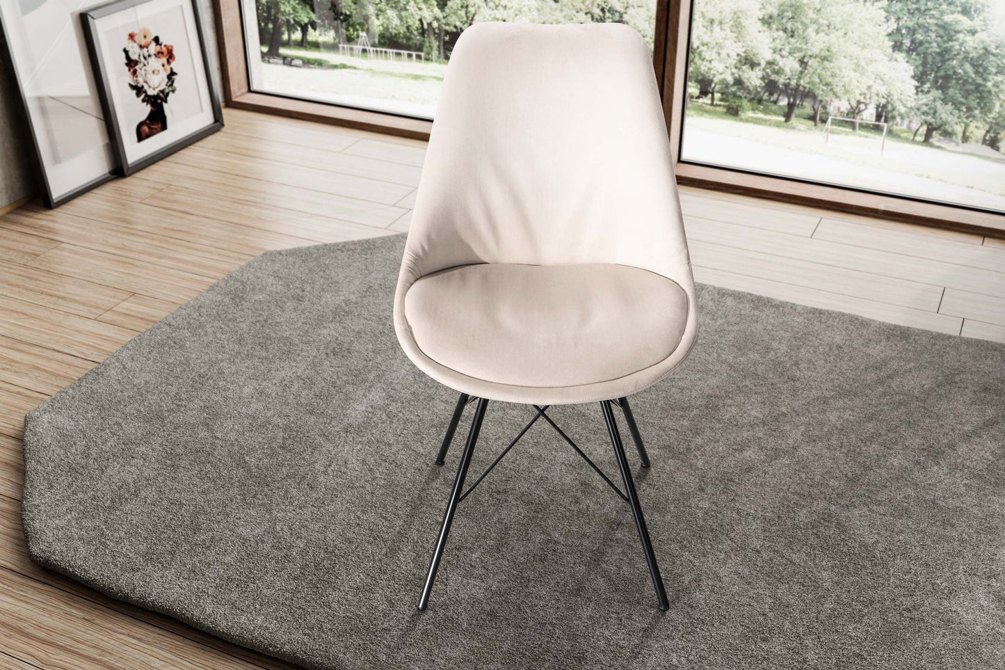 eetkamerstoel set van 2 fluwelen beige keukenstoel met zwarte poten, schelpstoel Scandinavisch design, gestoffeerde stoel met stoffen bekleding, gestoffeerde stoel