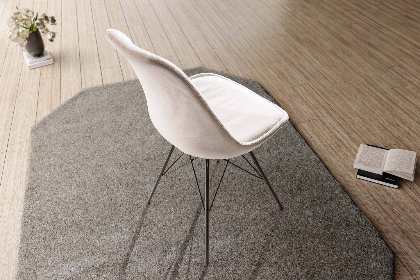 eetkamerstoel set van 2 fluwelen beige keukenstoel met zwarte poten, schelpstoel Scandinavisch design, gestoffeerde stoel met stoffen bekleding, gestoffeerde stoel