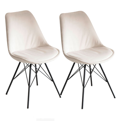eetkamerstoel set van 2 fluwelen beige keukenstoel met zwarte poten, schelpstoel Scandinavisch design, gestoffeerde stoel met stoffen bekleding, gestoffeerde stoel