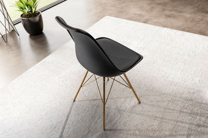 Eetkamerstoel set van 2 zwarte kunststof keukenstoel met gouden poten, schelpstoel Scandinavisch design, gestoffeerde stoel met kunstleren bekleding, gestoffeerde stoel