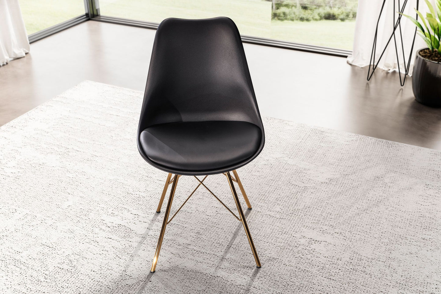 Eetkamerstoel set van 2 zwarte kunststof keukenstoel met gouden poten, schelpstoel Scandinavisch design, gestoffeerde stoel met kunstleren bekleding, gestoffeerde stoel