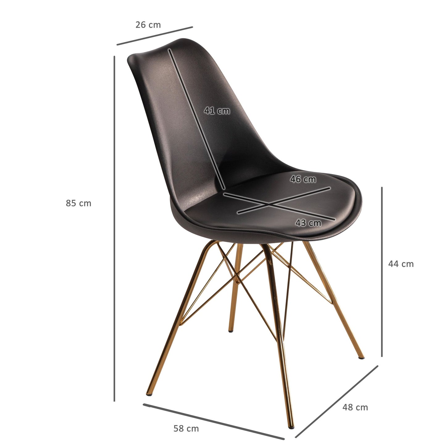 Eetkamerstoel set van 2 zwarte kunststof keukenstoel met gouden poten, schelpstoel Scandinavisch design, gestoffeerde stoel met kunstleren bekleding, gestoffeerde stoel