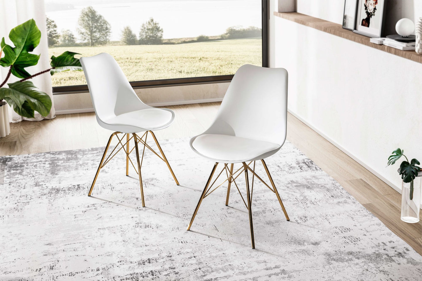 eetkamerstoel set van 2 witte kunststof keukenstoelen met gouden poten, schelpstoel Scandinavisch design, gestoffeerde stoel met kunstleren bekleding, gestoffeerde stoel