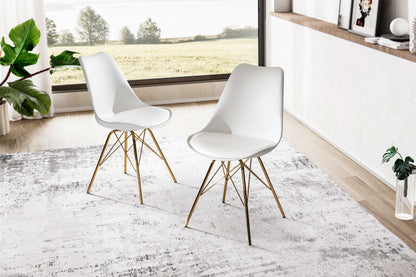 eetkamerstoel set van 2 witte kunststof keukenstoelen met gouden poten, schelpstoel Scandinavisch design, gestoffeerde stoel met kunstleren bekleding, gestoffeerde stoel