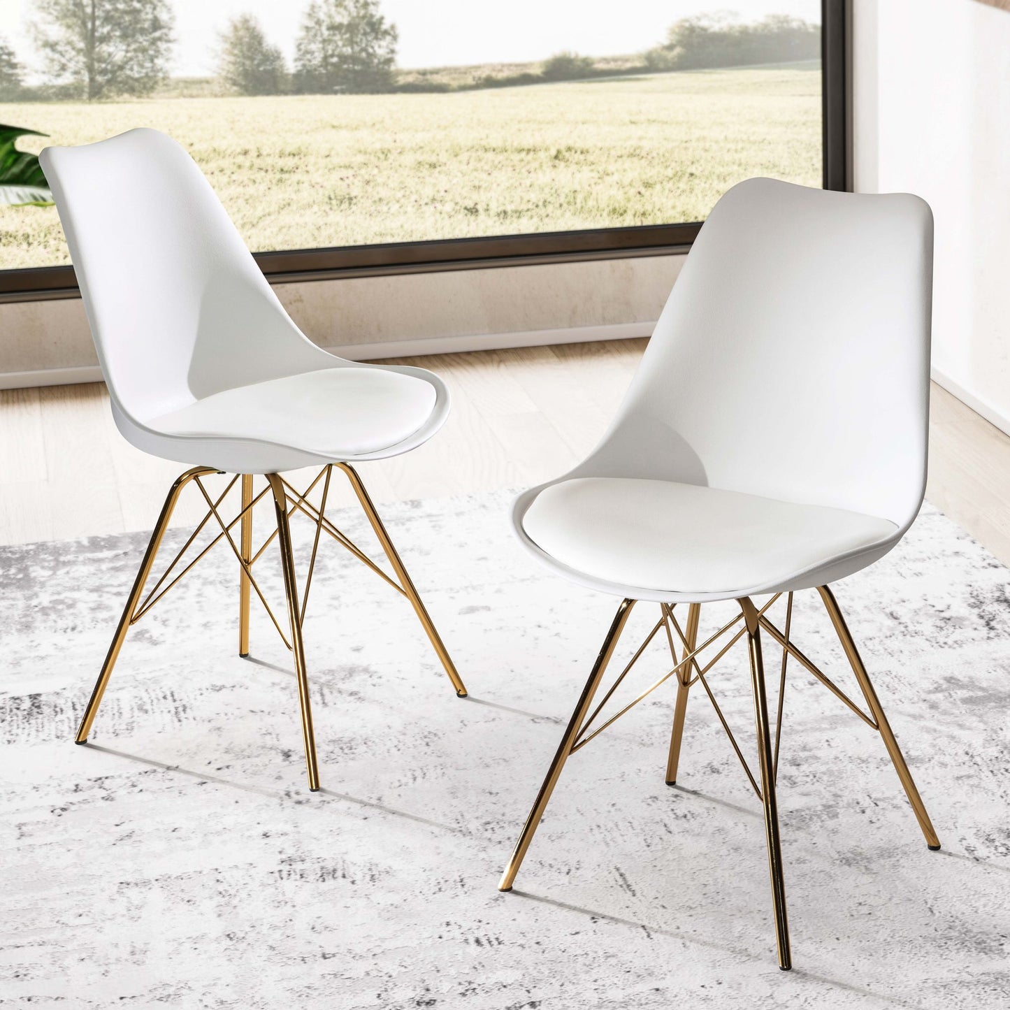 eetkamerstoel set van 2 witte kunststof keukenstoelen met gouden poten, schelpstoel Scandinavisch design, gestoffeerde stoel met kunstleren bekleding, gestoffeerde stoel