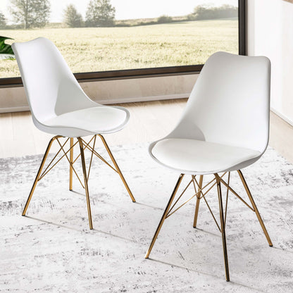 eetkamerstoel set van 2 witte kunststof keukenstoelen met gouden poten, schelpstoel Scandinavisch design, gestoffeerde stoel met kunstleren bekleding, gestoffeerde stoel