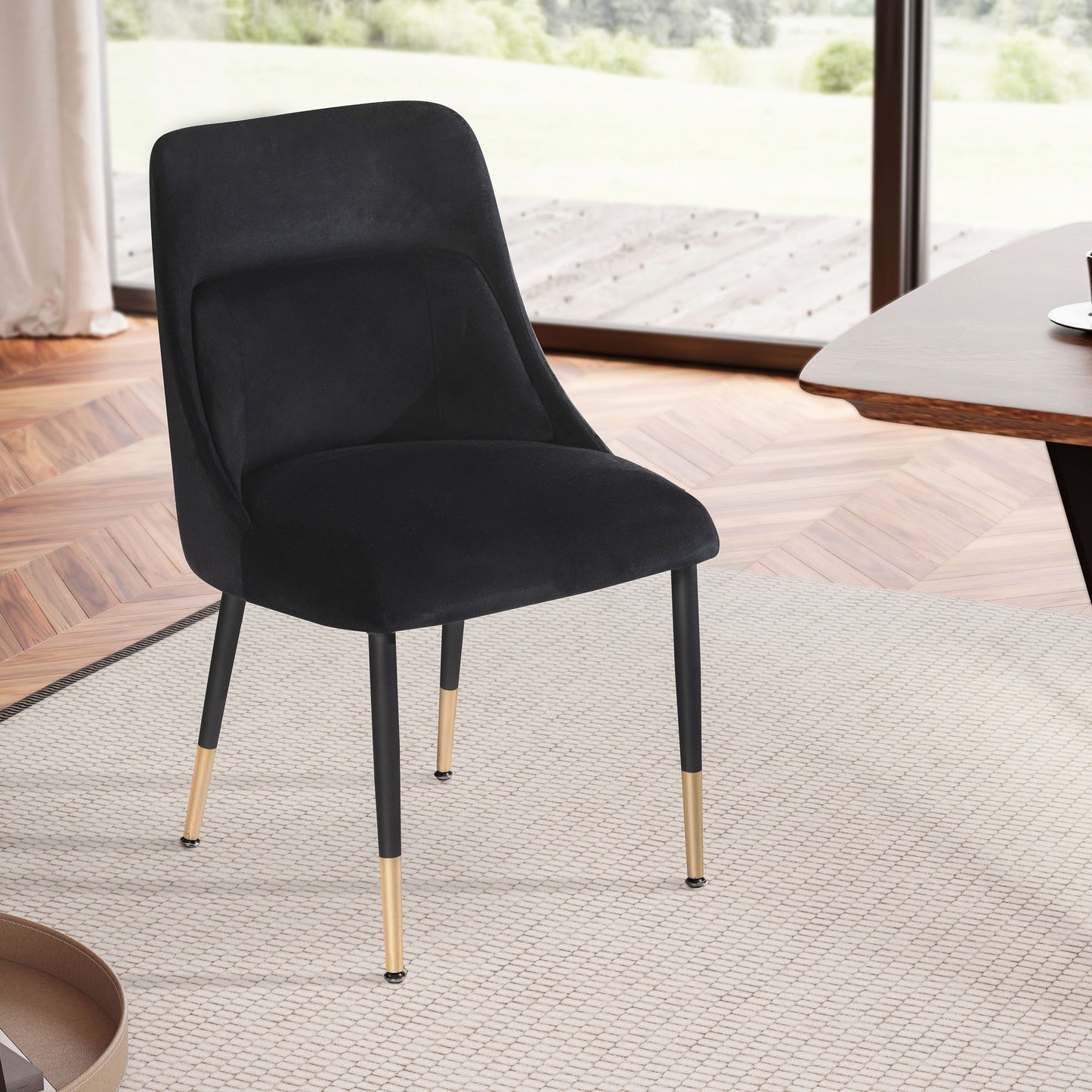 Eetkamerstoel Fluweelzwarte keukenstoel met metalen poten, schelpstoel Modern, gestoffeerde stoel met stoffen bekleding, stoel bekleed met geïntegreerd rugkussen