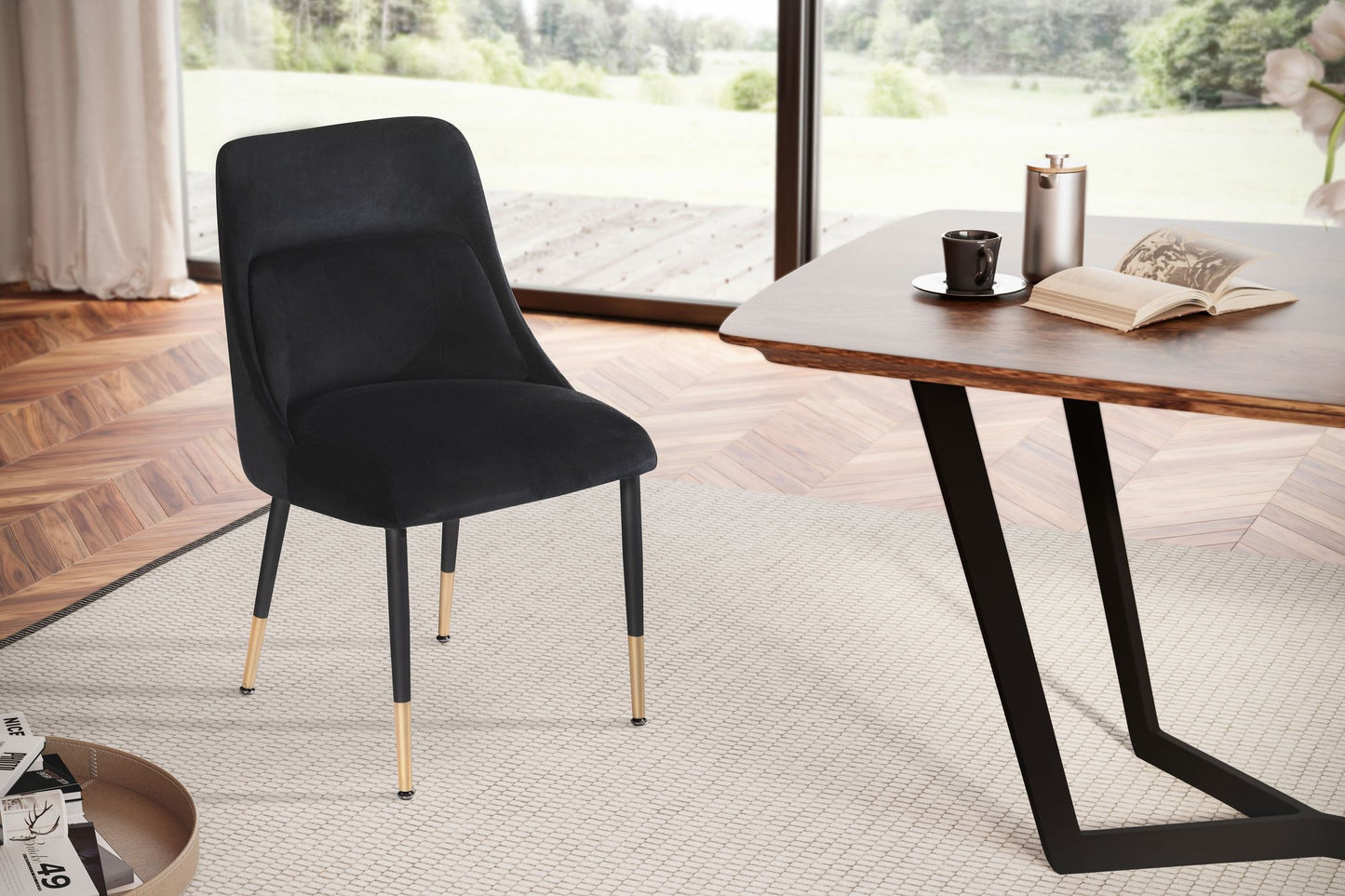 Eetkamerstoel Fluweelzwarte keukenstoel met metalen poten, schelpstoel Modern, gestoffeerde stoel met stoffen bekleding, stoel bekleed met geïntegreerd rugkussen