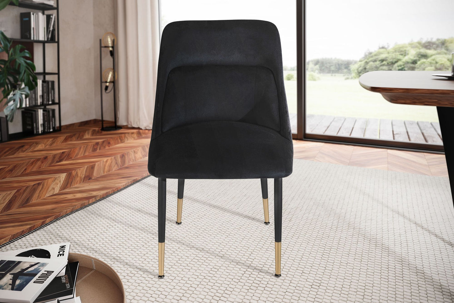 Eetkamerstoel Fluweelzwarte keukenstoel met metalen poten, schelpstoel Modern, gestoffeerde stoel met stoffen bekleding, stoel bekleed met geïntegreerd rugkussen