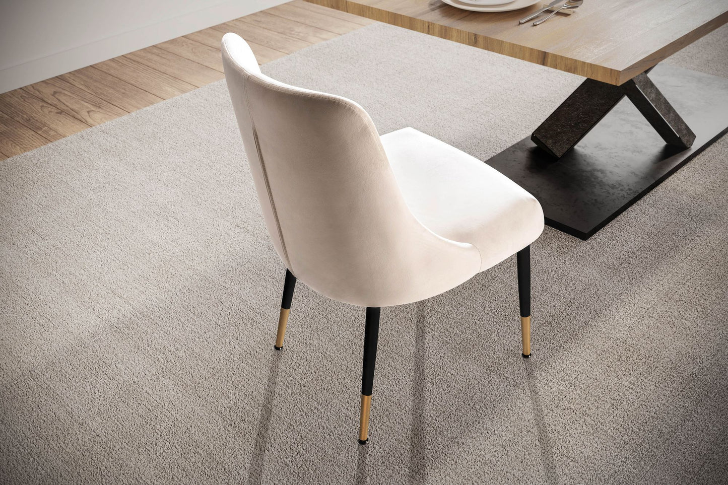 eetkamerstoel fluweelbeige keukenstoel met zwarte poten, schelpstoel modern, gestoffeerde stoel met stoffen bekleding, stoel bekleed met geïntegreerd rugkussen