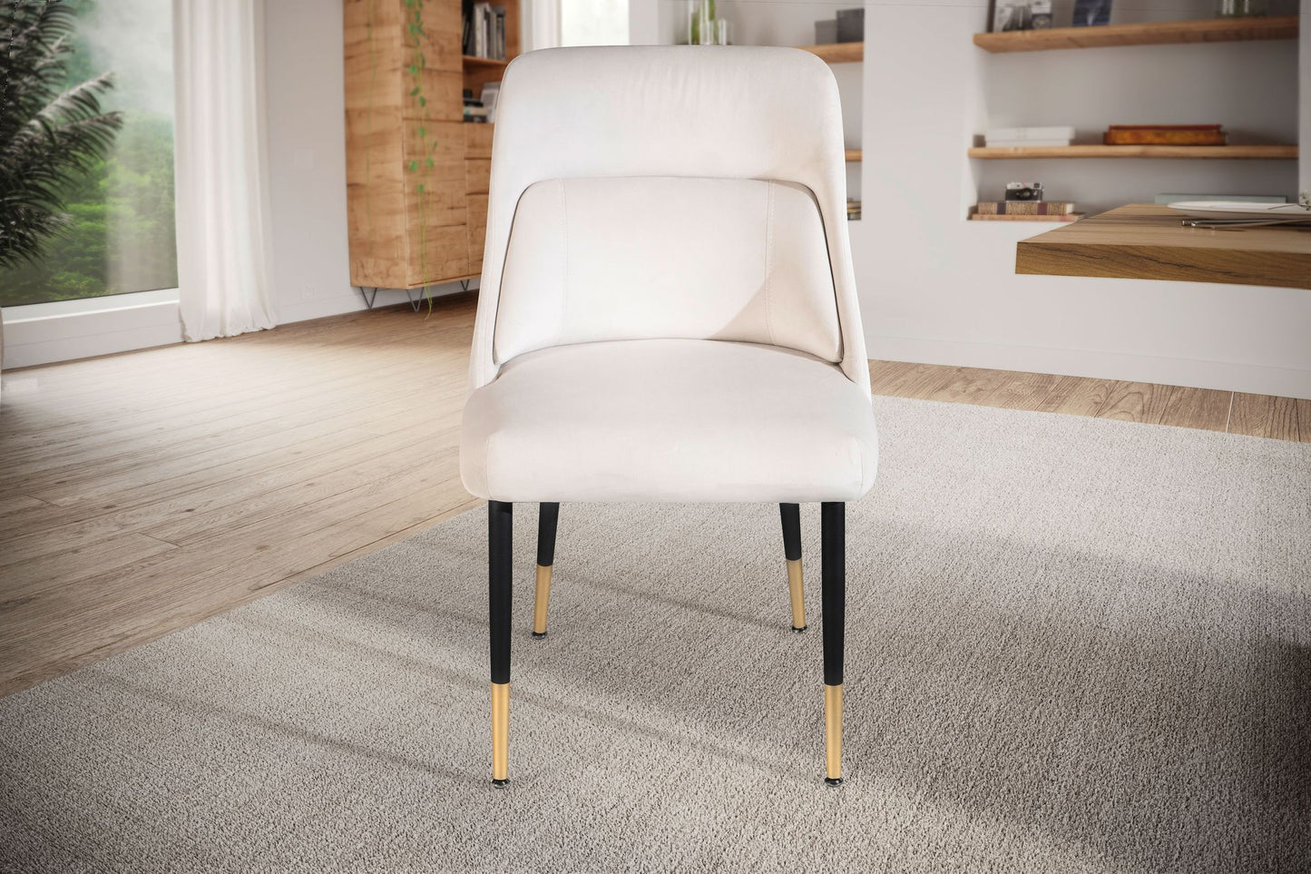 eetkamerstoel fluweelbeige keukenstoel met zwarte poten, schelpstoel modern, gestoffeerde stoel met stoffen bekleding, stoel bekleed met geïntegreerd rugkussen