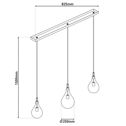 3-be hanglamp "Gota", retro klassieke hanglamp gemaakt van zwart rookglas met E27-frames, 88 cm lang, 150 hoog, ideaal voor eetkamer, woonkamer en keuken.