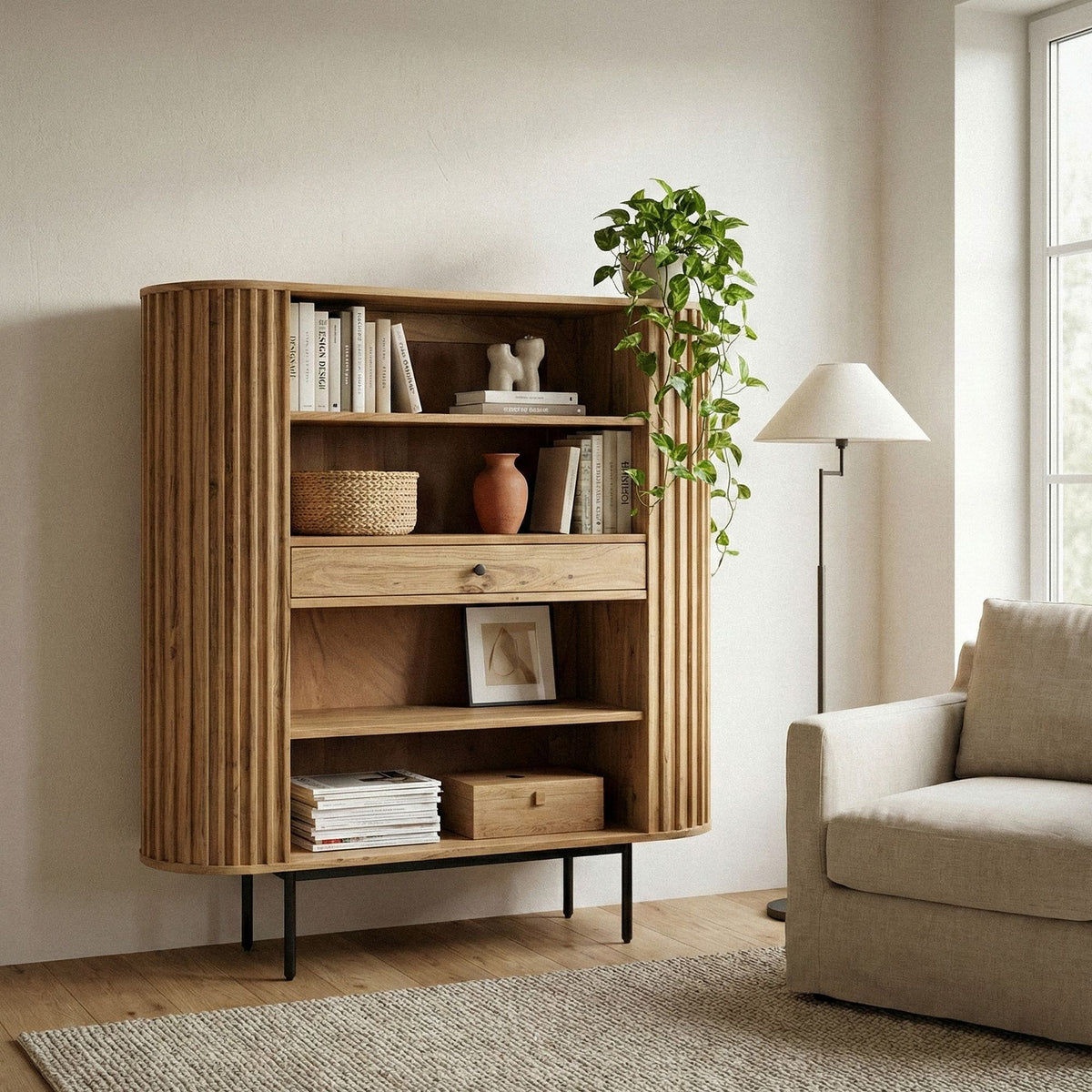 Boekenkast Massief Acaciahout 105x122 cm Lamellen Design