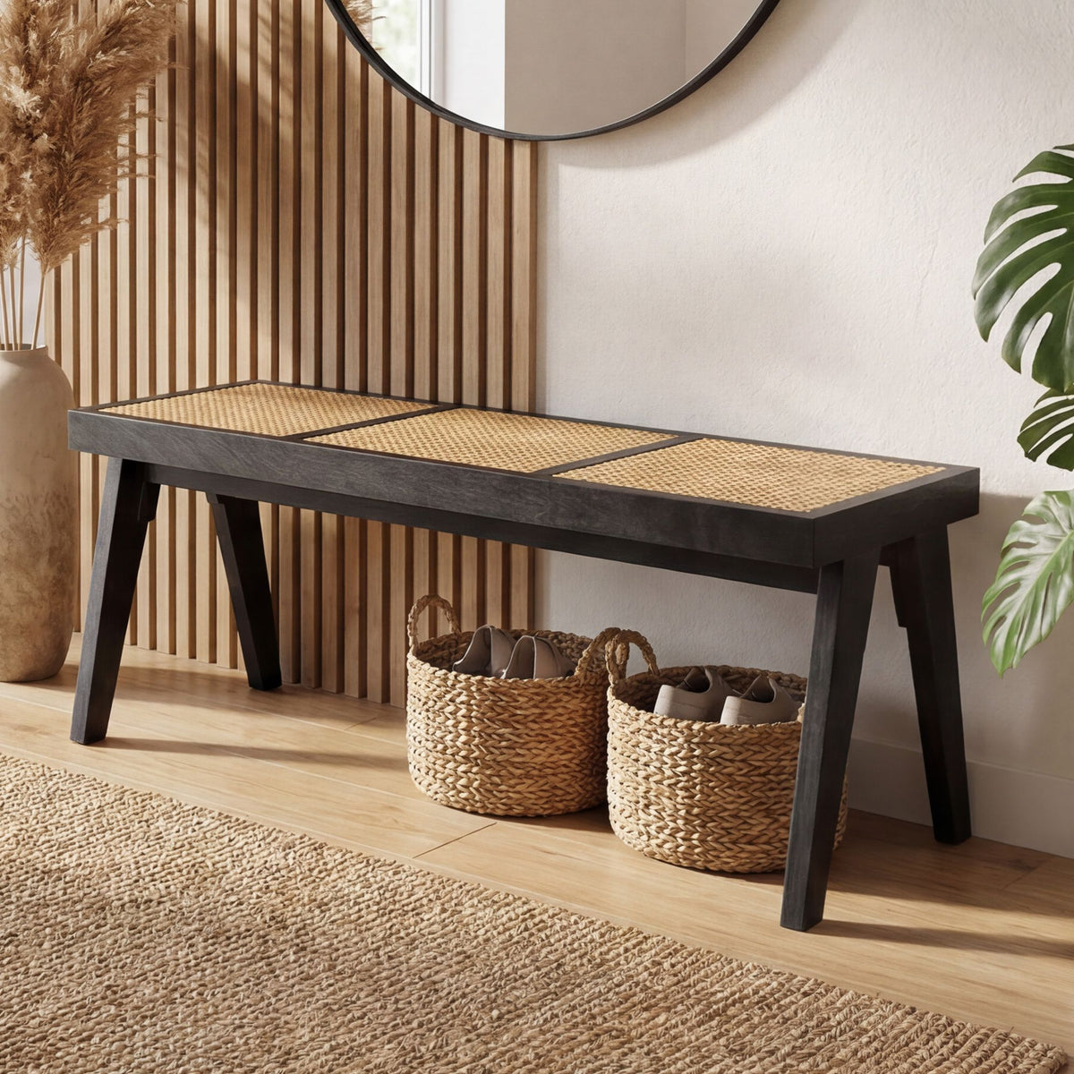 Zitbank Rotan Acacia Massief Hout 120cm Zwart - Design Houten Bank Weens Vlechtwerk