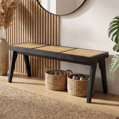 Zitbank Rotan Acacia Massief Hout 120cm Zwart - Design Houten Bank Weens Vlechtwerk