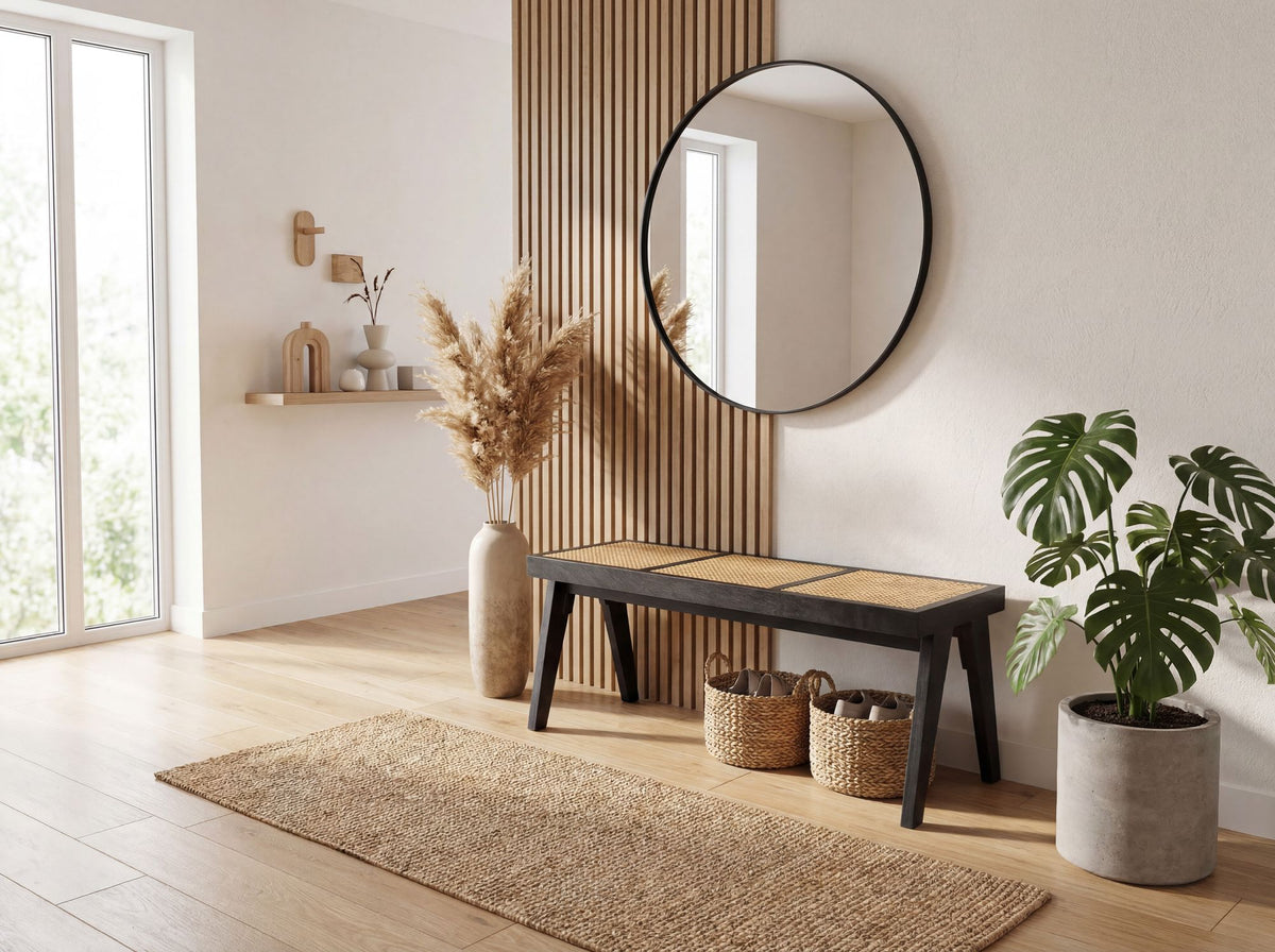 Zitbank Rotan Acacia Massief Hout 120cm Zwart - Design Houten Bank Weens Vlechtwerk