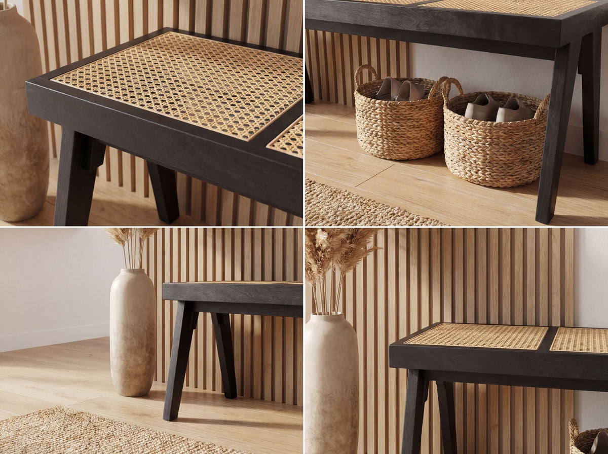 Zitbank Rotan Acacia Massief Hout 120cm Zwart - Design Houten Bank Weens Vlechtwerk