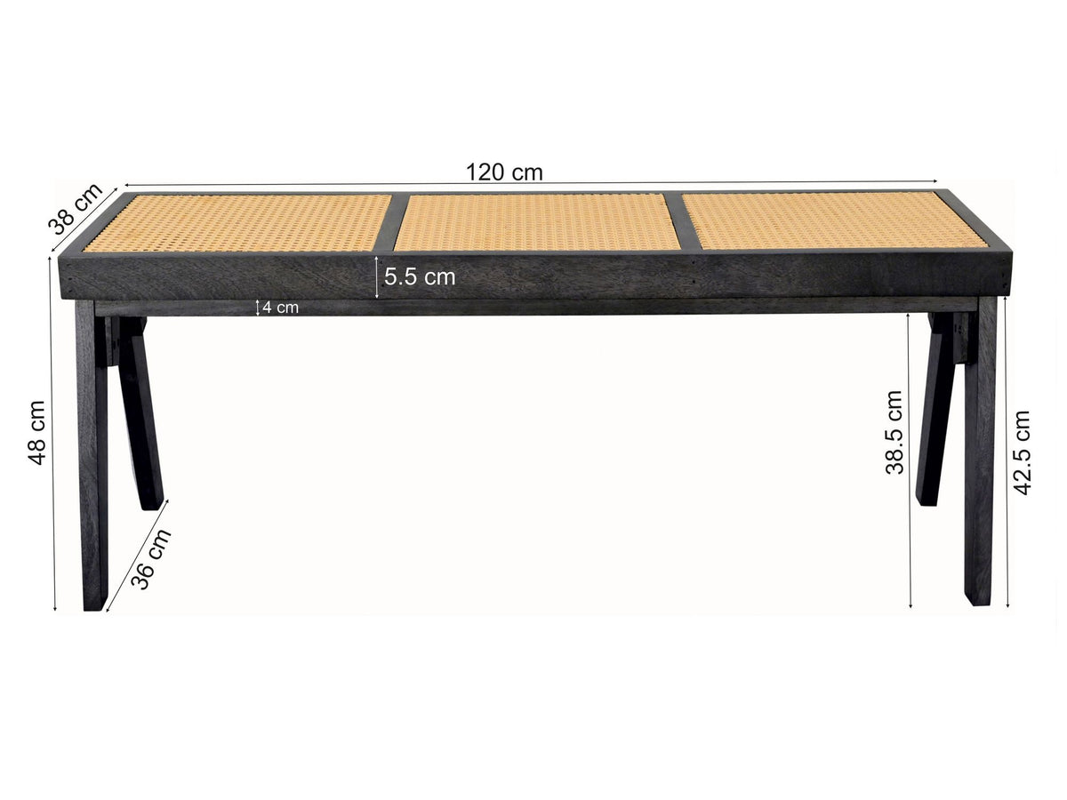 Zitbank Rotan Acacia Massief Hout 120cm Zwart - Design Houten Bank Weens Vlechtwerk