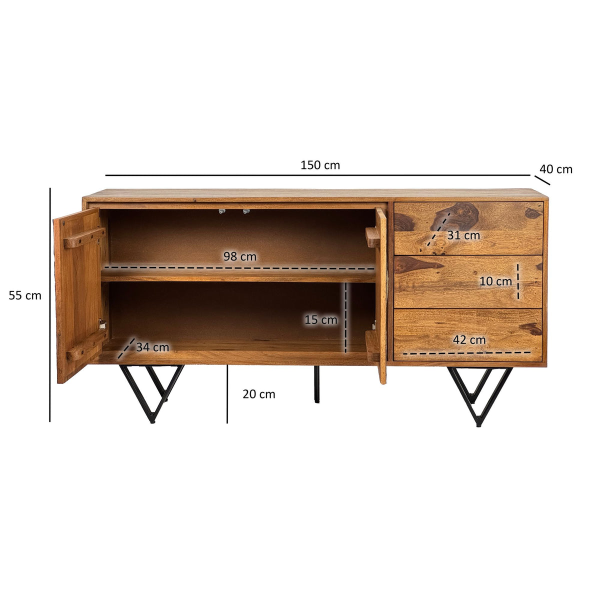 Dressoir Sheesham massief hout 150x40x55 cm, ladekast