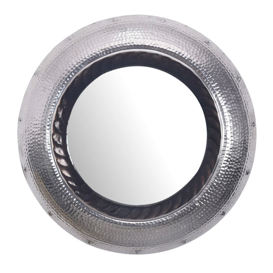 wandspiegel 74 cm metalen design hangspiegel zilver, aluminium decoratieve spiegel rond met gehamerd frame, grote wandspiegel, gangspiegel, garderobespiegel modern