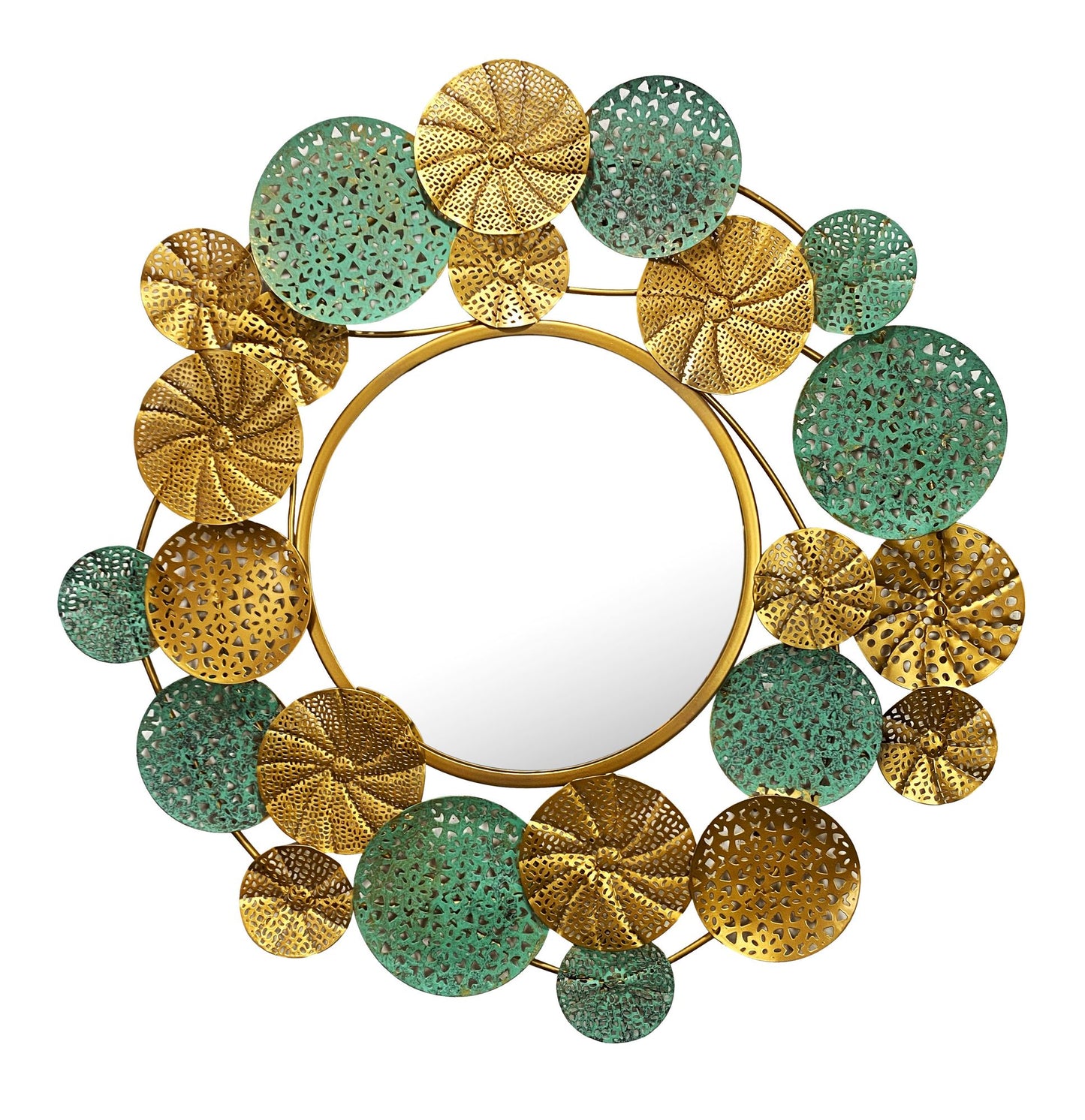 wandspiegel modern 80x77 cm metalen design hangende spiegel goudpatina, ijzeren decoratieve spiegel rond ongebruikelijk, grote wandspiegel, gangspiegel garderobespiegel modern