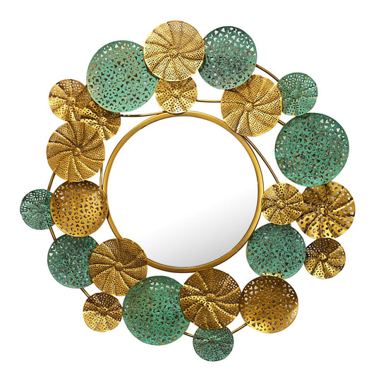 wandspiegel modern 80x77 cm metalen design hangende spiegel goudpatina, ijzeren decoratieve spiegel rond ongebruikelijk, grote wandspiegel, gangspiegel garderobespiegel modern