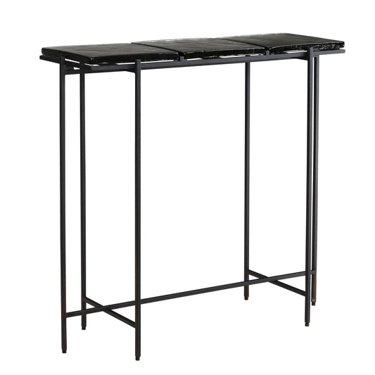 consoletafel zwart 90x29x85 cm design dressoir glazen hal, opbergtafel met metalen frame smal modern, haltafel met afneembare tafelbladen, haltafel lang hoog