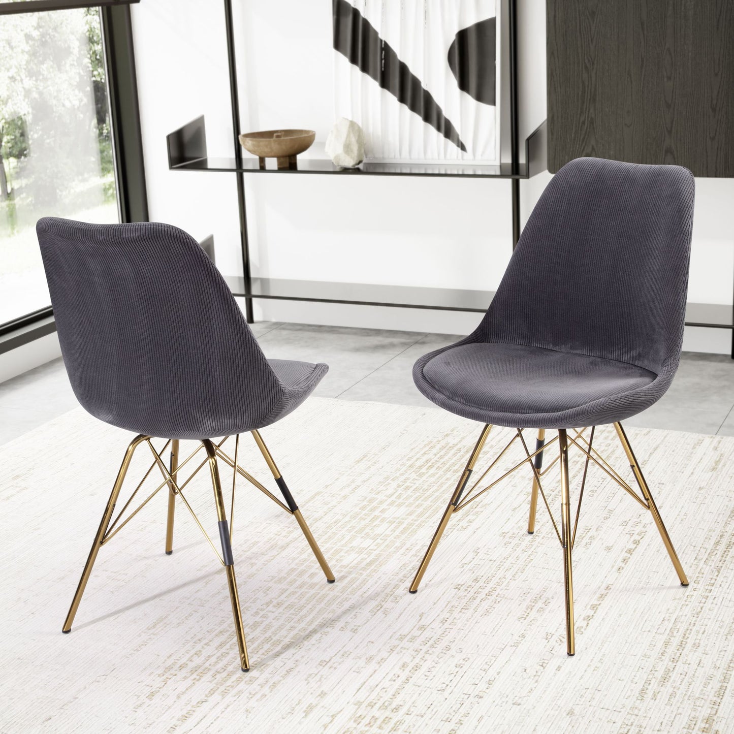eetkamerstoel set van 2 Cara stof antraciet keukenstoel met gouden poten, corduroy kuipstoel Scandinavisch design, gestoffeerde stoel met stoffen bekleding, stoel gestoffeerd