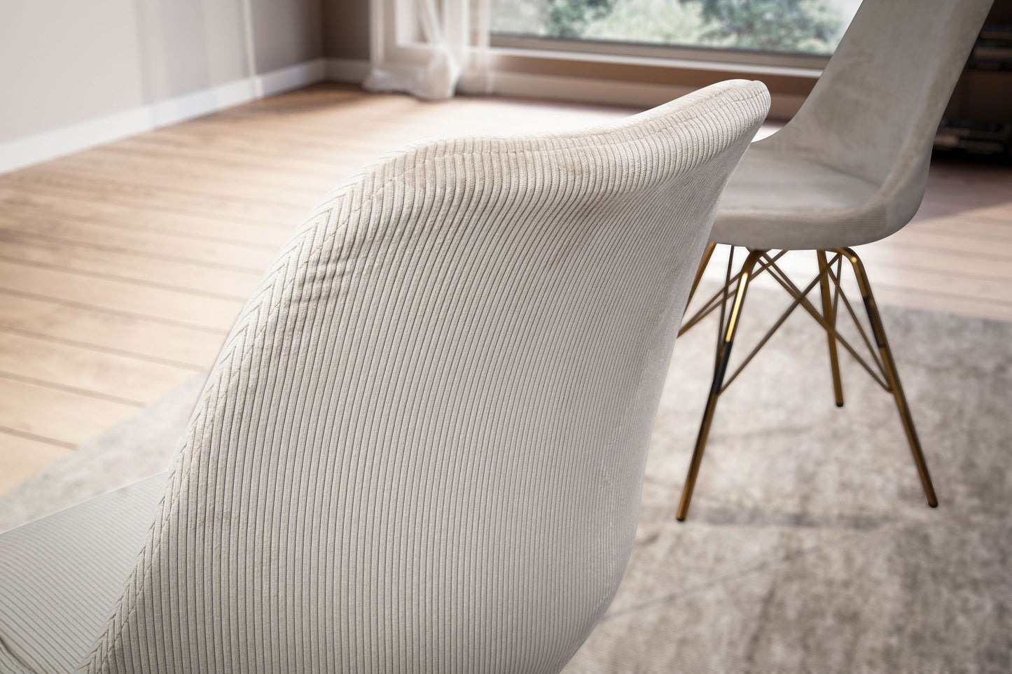 eetkamerstoel set van 2 Cara stof beige keukenstoel met gouden poten, corduroy kuipstoel Scandinavisch design, gestoffeerde stoel met stoffen bekleding, stoel gestoffeerd