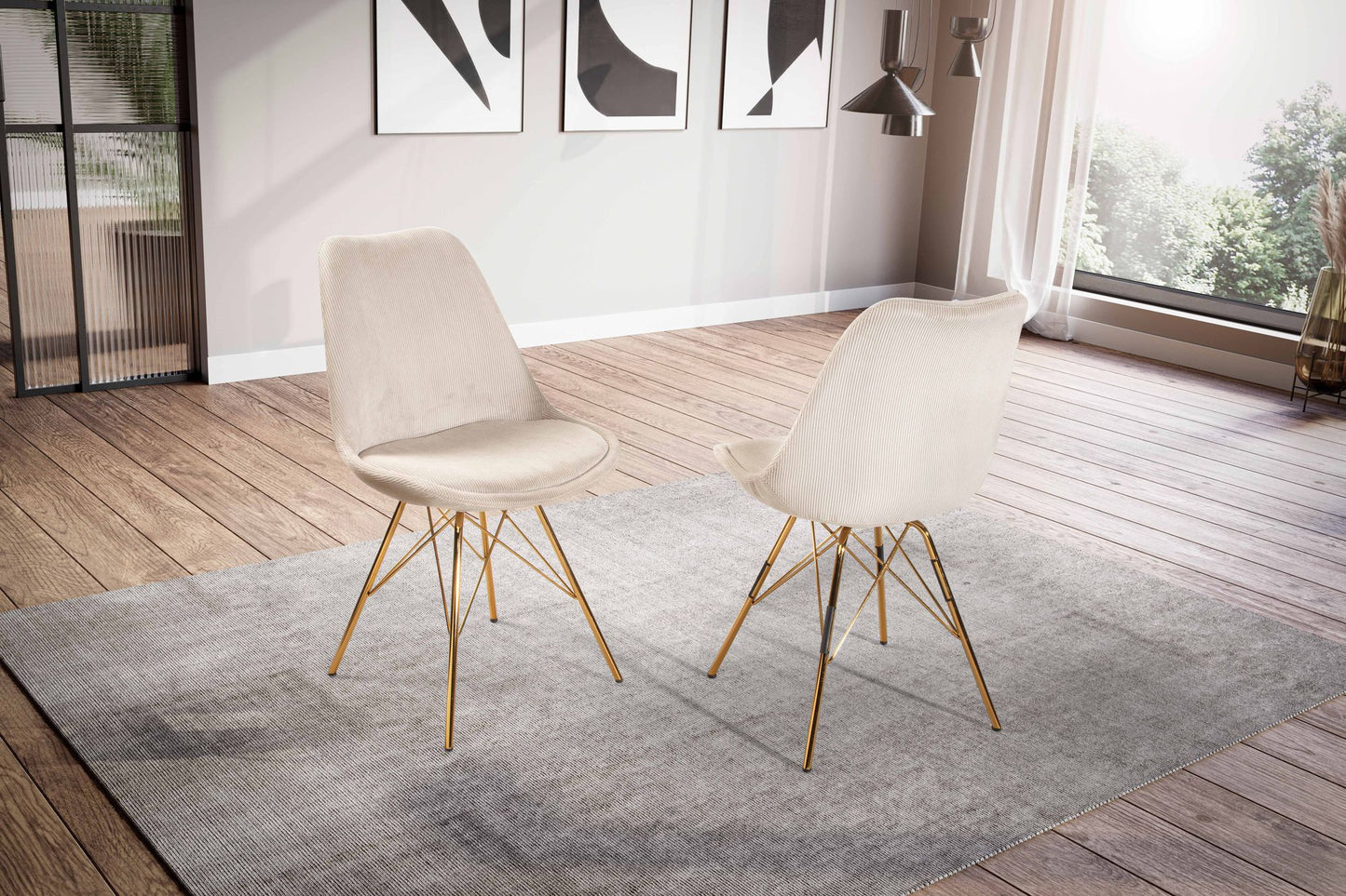 eetkamerstoel set van 2 Cara stof beige keukenstoel met gouden poten, corduroy kuipstoel Scandinavisch design, gestoffeerde stoel met stoffen bekleding, stoel gestoffeerd