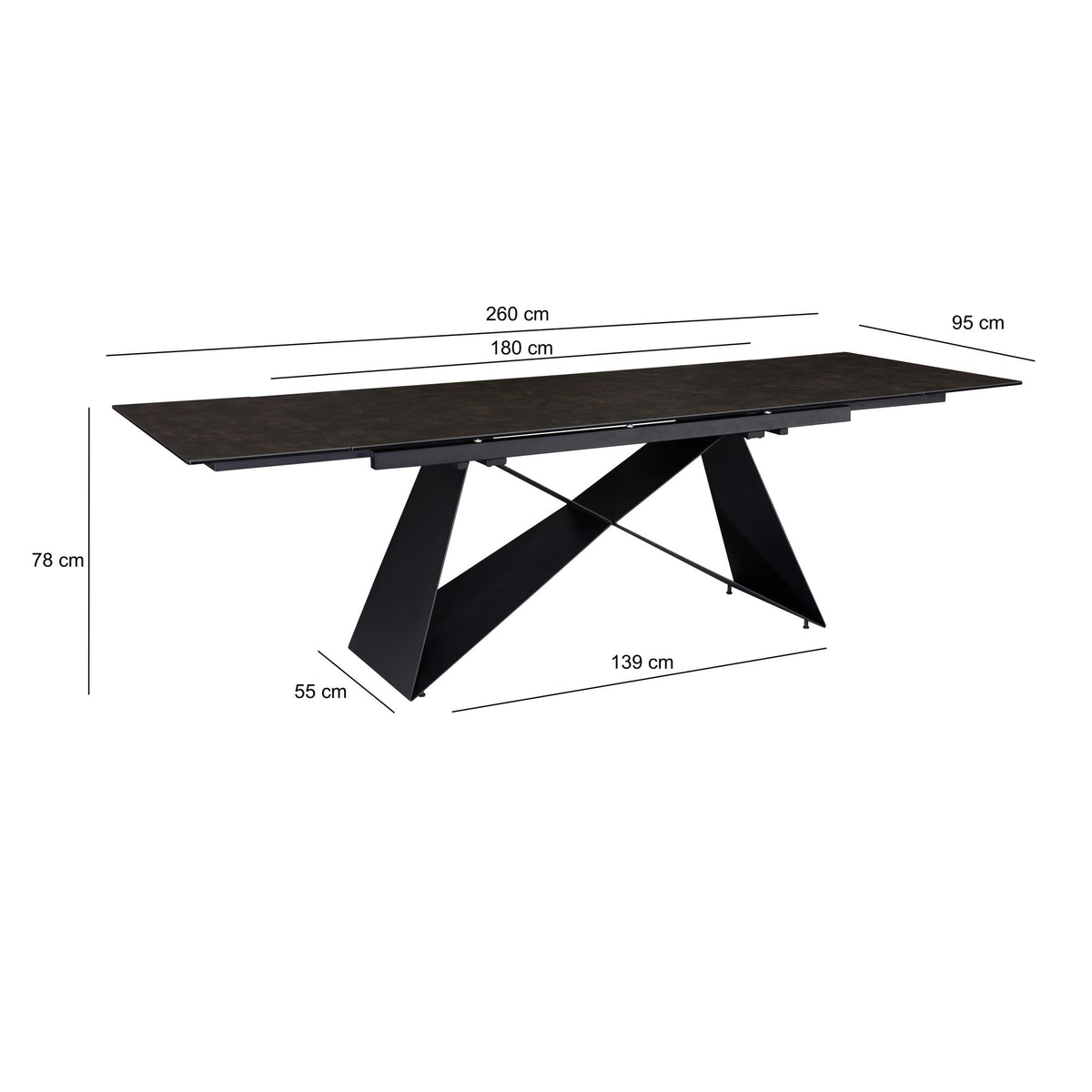 Eetkamertafel 180 - 260 cm uitschuifbaar keramiek glas zwart