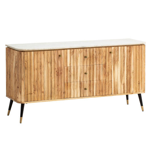 Dressoir 150x80x45 cm acacia massief houten ladekast echt marmer, hoge ladekast modern, staande kast met 2 deuren en 3 laden, dressoir woonkamer