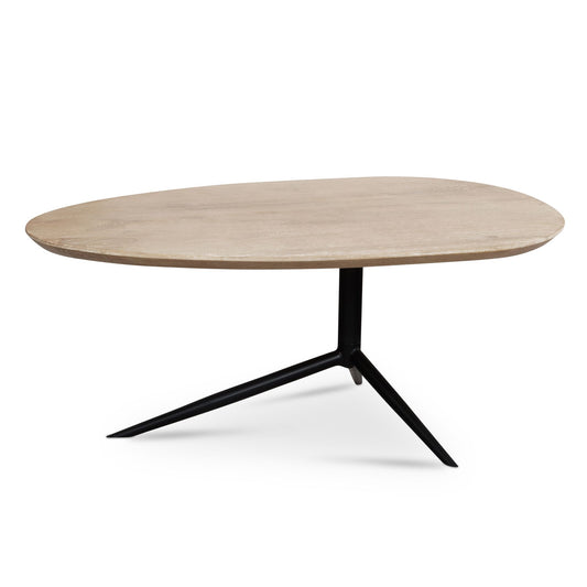 salontafel 86,5x49x33 cm mango massief hout witgekalkte salontafel laag, driepoot woonkamertafel ovaal, design salontafel woonkamer Scandinavisch