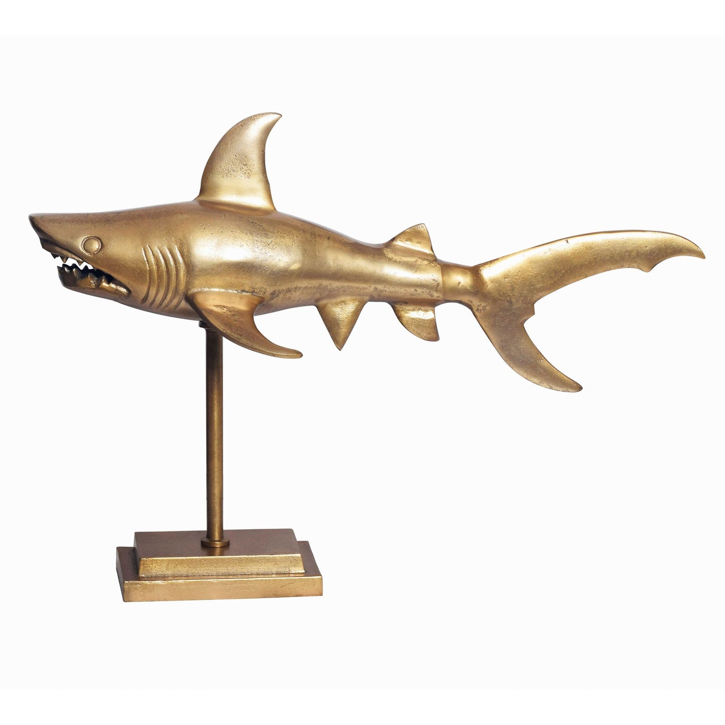 decoratieve figuur haai aluminium goud maritiem 70 cm met voet, design metalen decoratie aluminium modern, tafeldecoratie woondecoratie aluminium decoratie, decoratie woonaccessoire