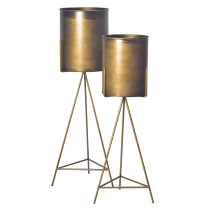 Bloempot set van 2 metalen plantenbakken goud met frame