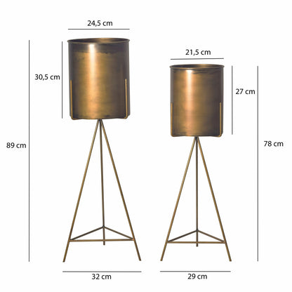 Bloempot set van 2 metalen plantenbakken goud met frame