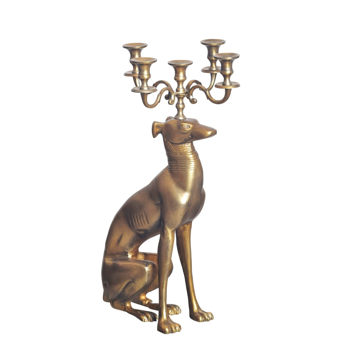 Kaarsenhouder Greyhound Aluminium Goud 69 cm 5-armige kandelaar, metalen kandelaar voor vijf kaarsen, vloerkaarsenhouder modern, woonaccessoire hond