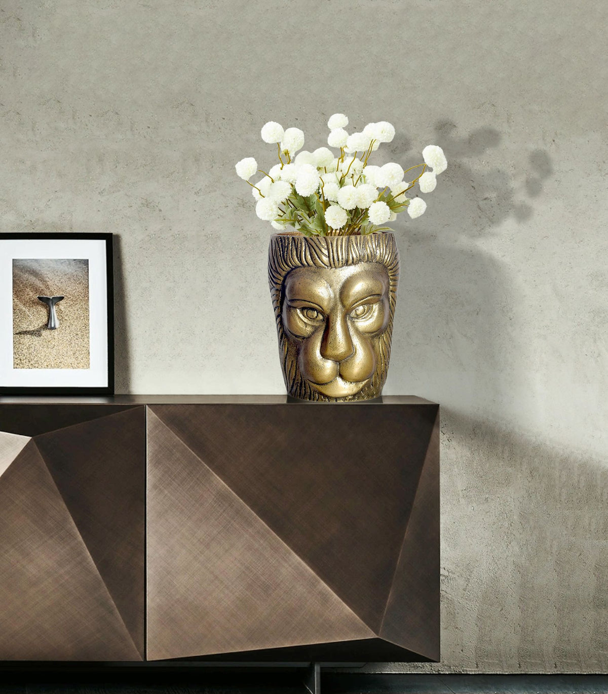 Decoratieve vaas Leeuwenkop 21 cm Aluminium Goud