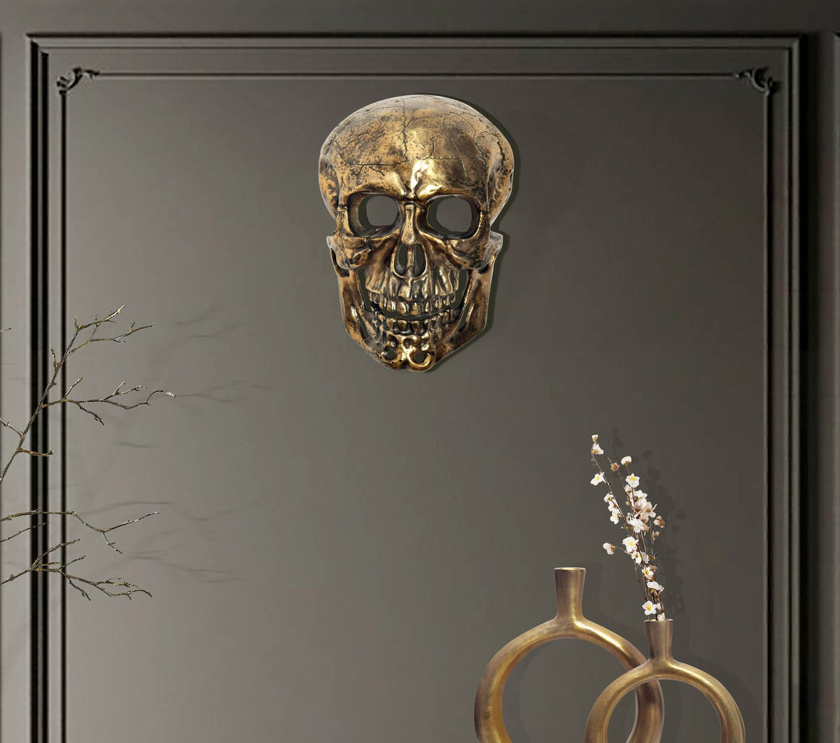 wanddecoratie schedel aluminium goud 41 cm schedel