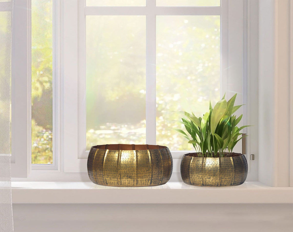 Plantenbakset van 2 metalen plantenbakken goud, design
